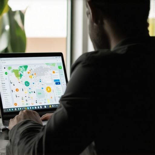 Advanced Local SEO Strategy Analysis SEO analyst analyzing local map rankings and analytics on a laptop.