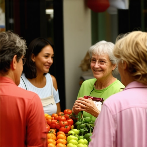 Community Engagement in Local SEO Business owner interacting with customers at a local market, symbolizing trust and community involvement.
