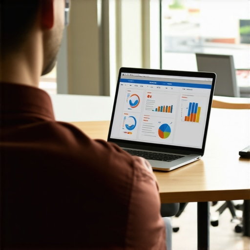 Local SEO Strategy Analysis Business owner analyzing local SEO results with laptop and charts