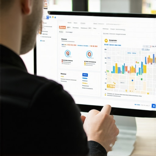 Business owner analyzing local SEO and Google Maps ranking data on a laptop.