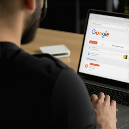 Business owner working on Google My Business profile on a laptop with local SEO elements.