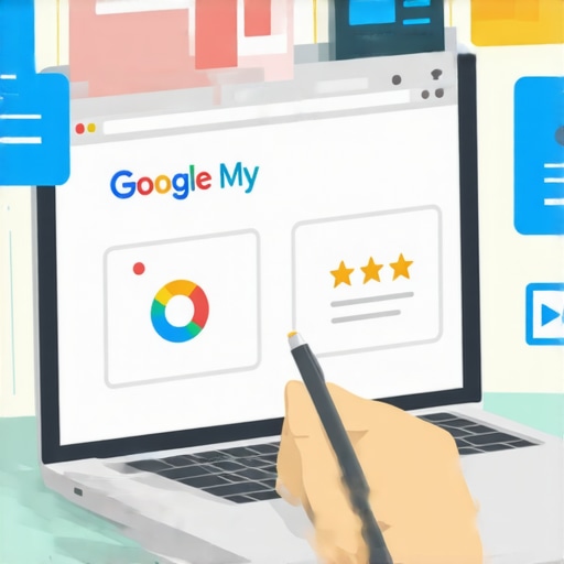 Business owner updating Google My Business on laptop with analytics and review icons.