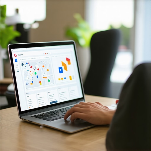 Business owner editing Google My Business profile on a laptop with charts and maps.