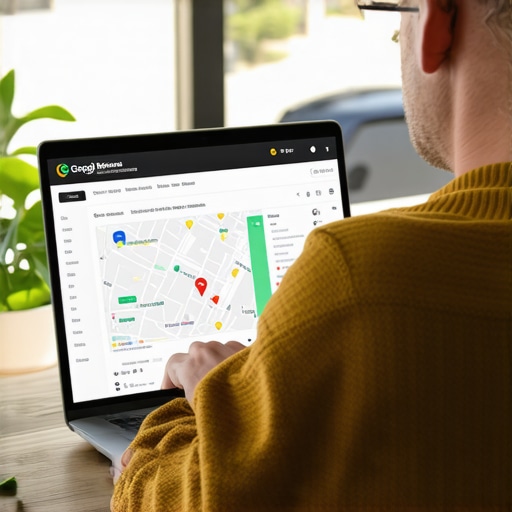 Business owner updating GMB profile on laptop with maps and analytics.