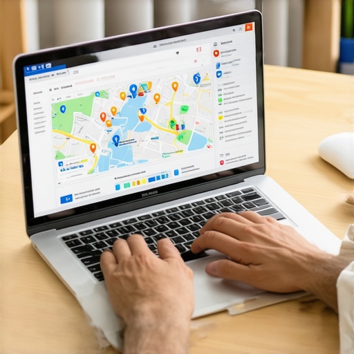 Person analyzing local SEO metrics on a laptop with maps and graphs