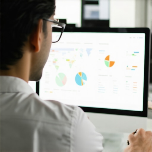 Business owner reviewing local SEO analytics on a laptop with maps and graphs