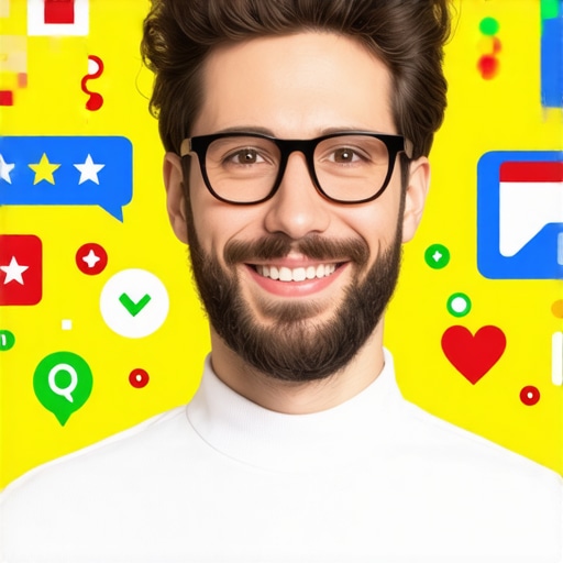 Business owner updating Google My Business profile with icons of reviews, citations, and SEO tools.