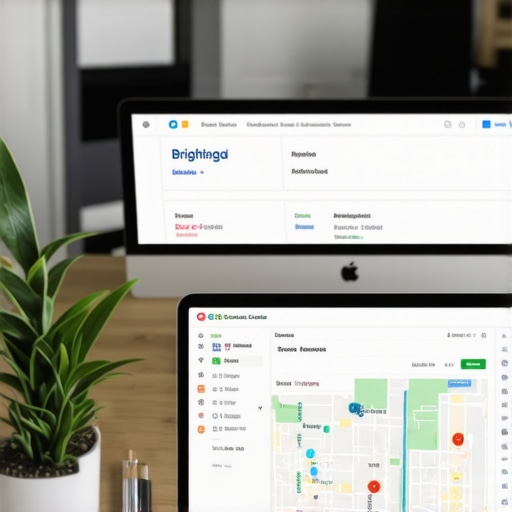 A workspace scene showing various SEO tools on a computer screen, used for maintaining local map rankings.