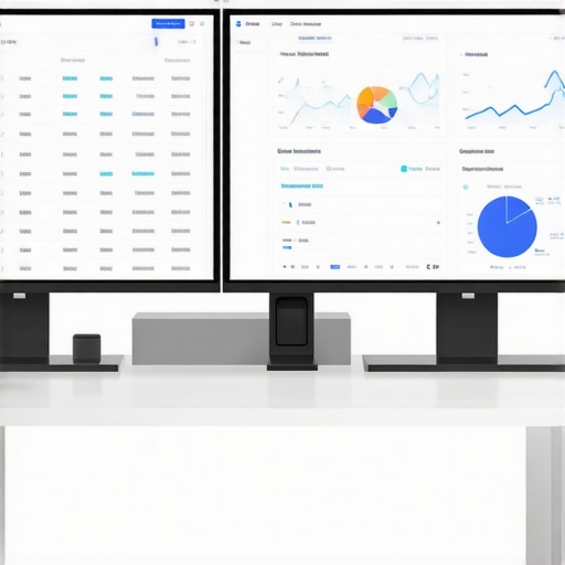SEO Tools Workspace A desk with monitors showing SEO dashboards and citation management tools.