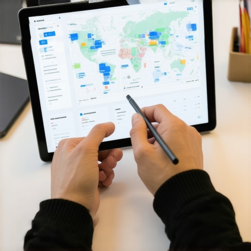 Person reviewing local SEO data on a tablet with charts and maps.
