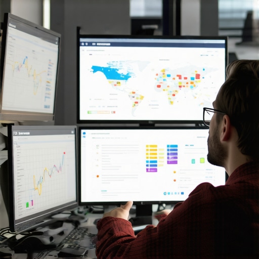 Analyzing Local SEO Data for Map Rankings A person reviewing local SEO analytics on computer screens with maps and graphs