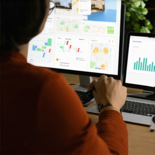 An individual analyzing local SEO performance using computers and maps.
