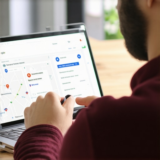 Business owner updating Google My Business profile on a laptop, surrounded by local map icons.