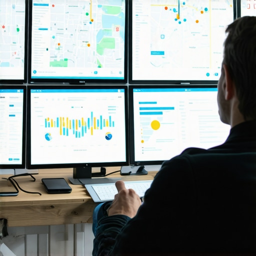 Analyzing Local SEO Data A professional reviewing maps and analytics on multiple screens for local SEO optimization.