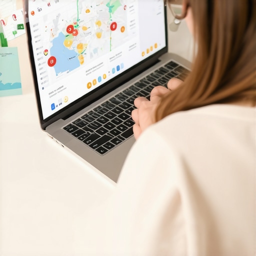 Person analyzing local SEO data on a laptop with maps and analytics charts