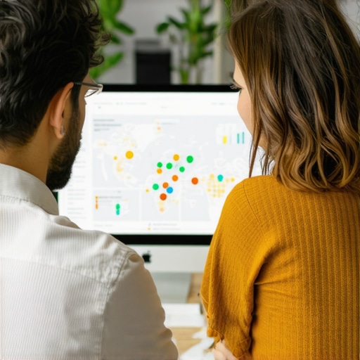 Business owner discussing SEO strategies with a consultant with maps and analytics