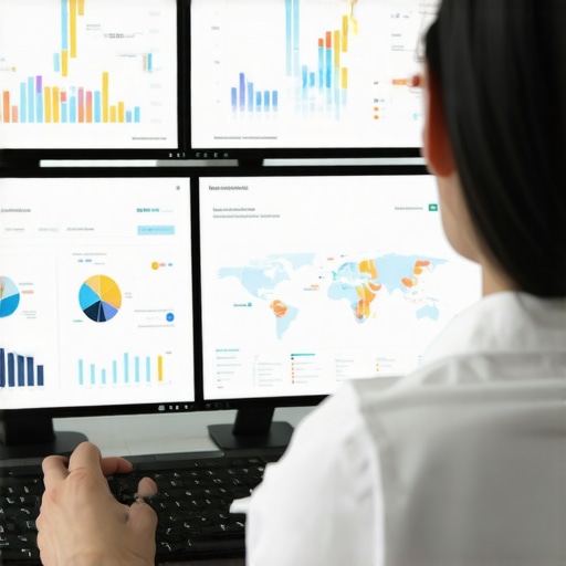 Person analyzing SEO data using multiple screens with maps and analytics charts