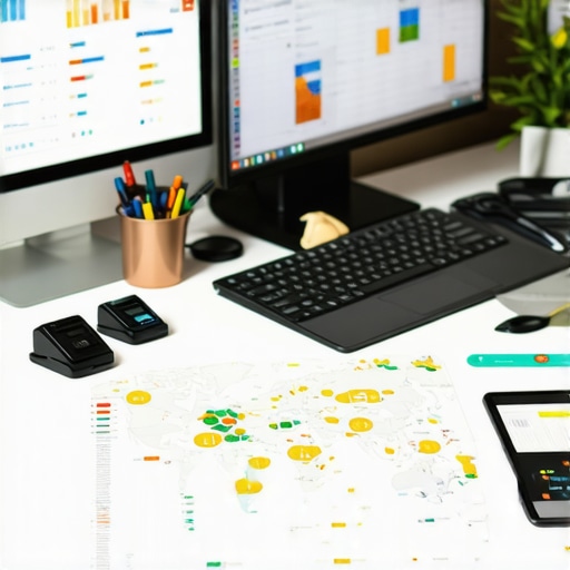 Desk setup with SEO analytics, local maps on screens, and a person reviewing local SEO data.