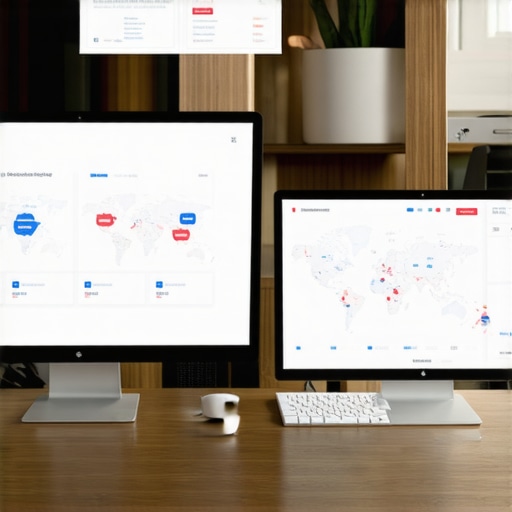 SEO Tools and Analytics for Map Ranking Maintenance. A modern workspace with multiple screens displaying local SEO analytics, signal tracking, and map ranking graphs.