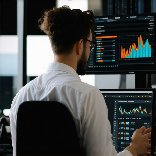 An SEO expert reviewing latency and engagement metrics on a multi-screen setup.