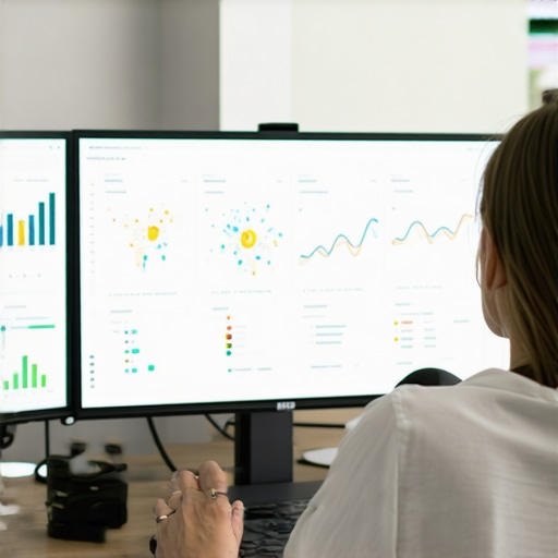 Marketing professional reviewing SEO signals and maps on computer screens