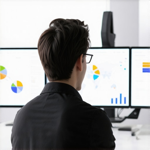 Digital marketer reviewing local SEO performance on multiple screens with maps and analytics graphs.