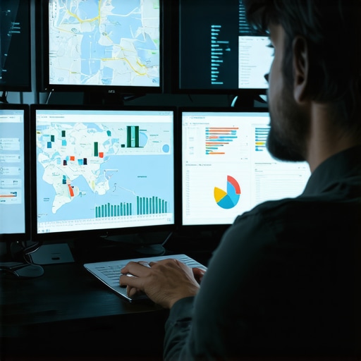 A digital marketer reviewing local SEO analytics on computer screens, optimizing map visibility.