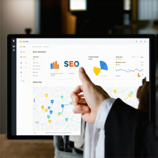 Person reviewing local SEO analytics on a touchscreen device, highlighting mobile and foot traffic metrics.