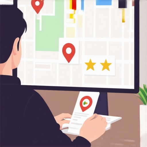 Business owner updating their Google profile with map and review icons.