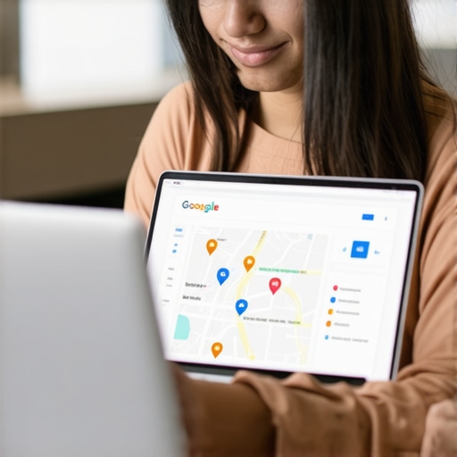 Business owner working on local SEO optimization on a laptop with maps and analytics