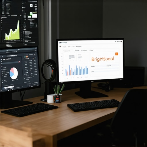 SEO Tools Workspace for Map Ranking Maintenance A workspace with screens displaying local SEO analytics and monitoring tools used for map ranking management.
