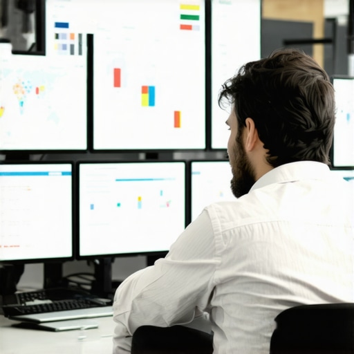 Person reviewing digital maps and SEO data on computer screens in an office